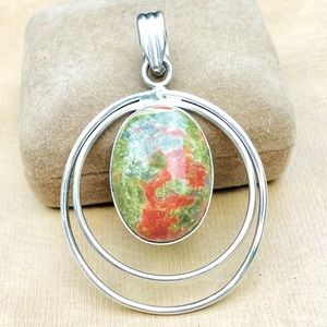 LARGE Sterling Silver 925 Unakite Jasper Pendant